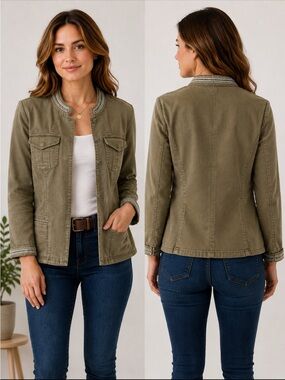 Chico’s Embellished Military Utility Jacket Women’s Size 0 Khaki Cotton St